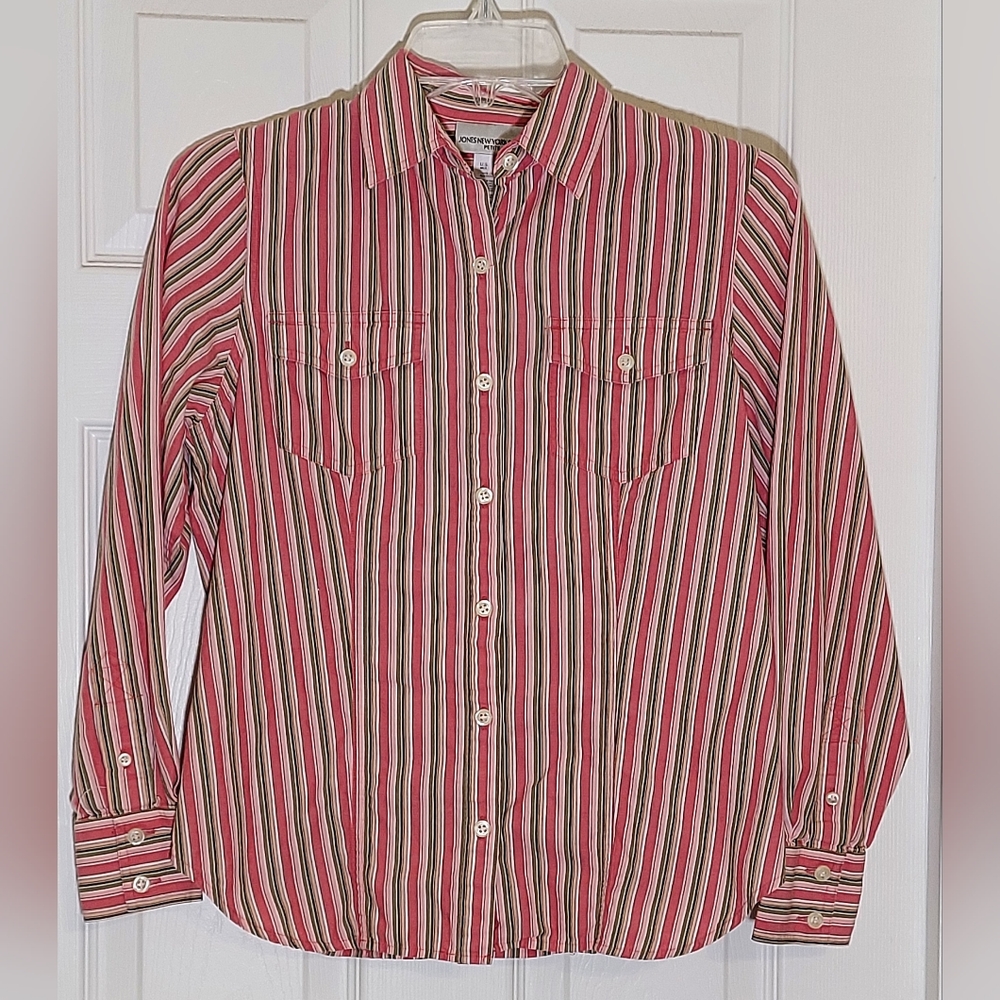 Jones New York Sport SP Pink/Green Striped Cotton Blouse. 1990s Vintage.